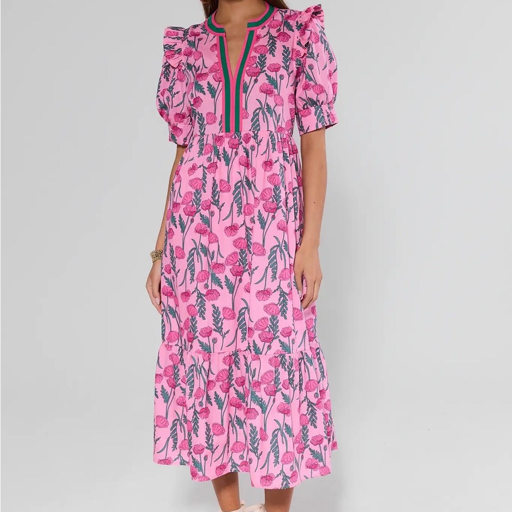 entro Pink Floral Midi Dress with Green Trim